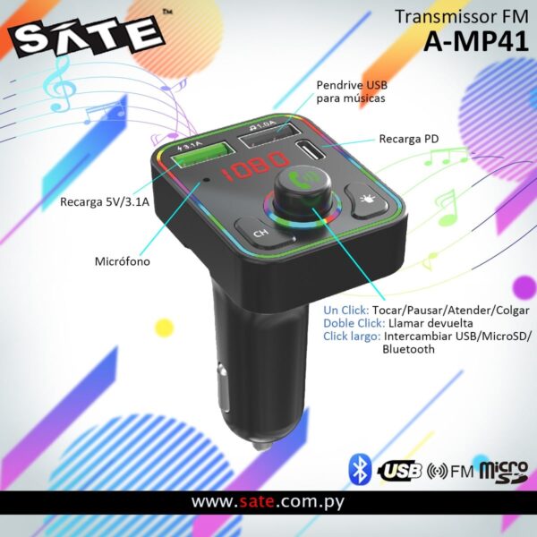 Transmisor FM A-MP41 BT Micro SD USB-C 12/24V RAINBOW LED 5V 3.1A - Imagen 2