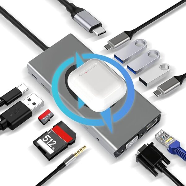 Concersor adaptador USB-C a Hdmi + VGA + RJ45 + AUXILIAR 4XUSB 3.0 + 2 USB-C 13 en 1 100W - Imagen 2