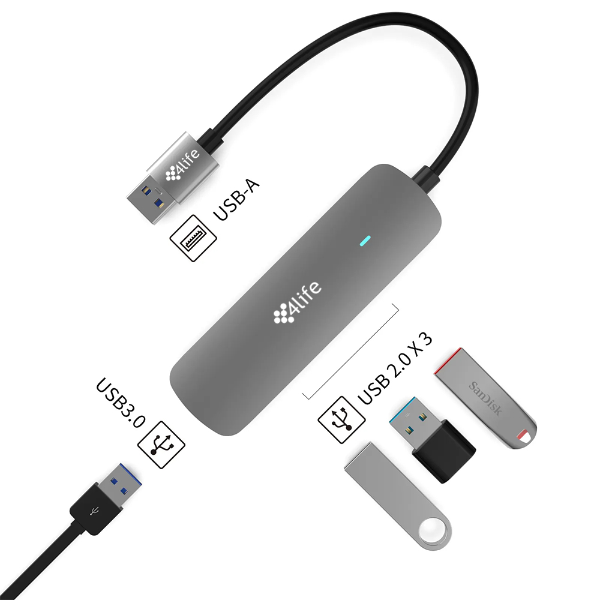 Hub USB-A 3XUSB 2.0 + 1XUSB 3.0 4 en 1 FLU4-A GRIS 4LIFE