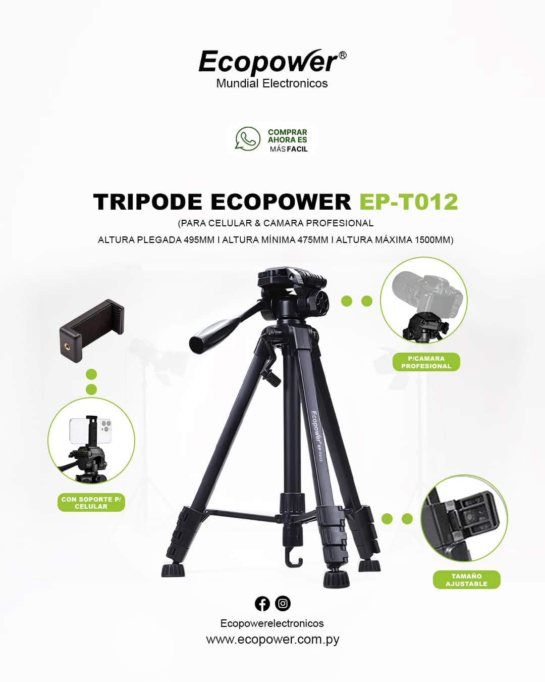 TRIPODE PARA CELULAR Y CAMARA 105CM