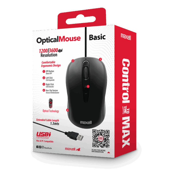 Mouse MAXELL OPTical BasicCable USB 3600DPI MOWR-101 SILVER