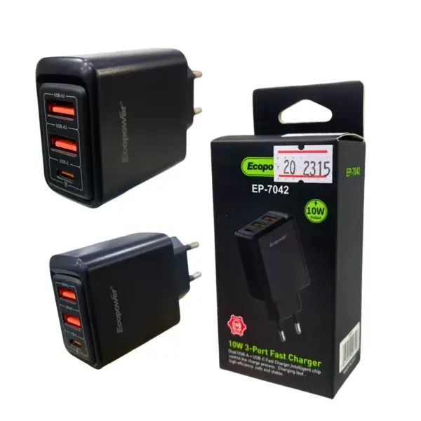 Cargador 10W 2USB-A+USB-C negro